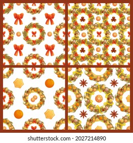 Set of cute seamless patterns with Christmas wreaths with red bows, Christmas treats and golden beads. White background. Flat style illustration.