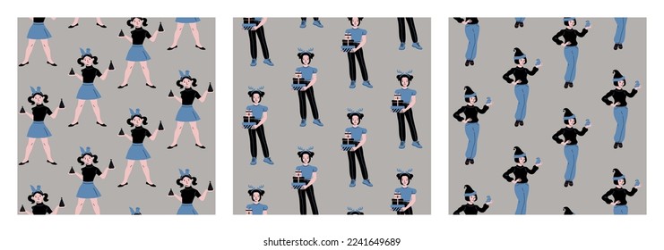 Conjunto de lindos patrones sin costura, gente de Navidad. Ilustración vectorial. Feliz Navidad y Feliz Año Nuevo
