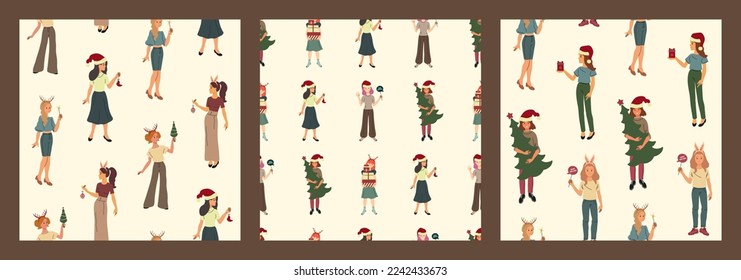 Set of cute seamless patterns, Christmas girls. Vector illustration. Merry Christmas and Happy New Year