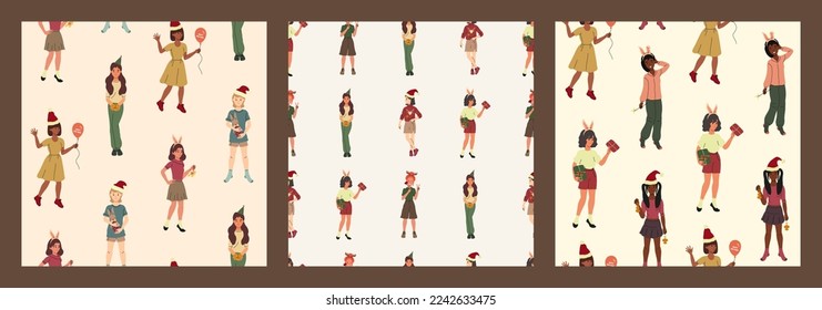 Set of cute seamless patterns, Christmas girls. Vector illustration. Merry Christmas and Happy New Year
