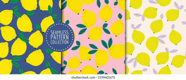 Set with cute seamless patterns with citruses. Vector backgrounds, prints, design