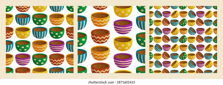 Set of cute seamless patterns with colorful mugs with hot drinks. White background. Flat style illustration.