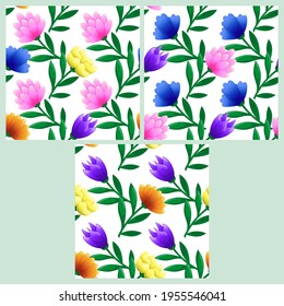 Set of cute seamless patterns with colorful flowers. White backgrounds. Flat style illustrations.