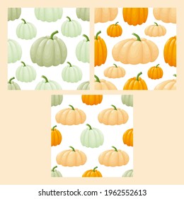 Set of cute seamless patterns with colorful pumpkins. White background. Flat style illustration.