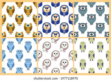 Set of cute seamless patterns with colorful owls. White background. Flat style illustration.