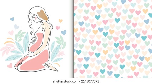 A set of cute seamless patterns. Colorful hearts and a pregnant woman. Pattern for different types of printing, multi-colored hearts, cute pattern of a pregnant woman. Cute ornament in pastel colorWeb