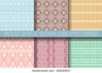 Set of cute seamless patterns in ethnic style. Pastel colored abstract backgrounds with tribal aztec motives. Summer fashion. Boho design.