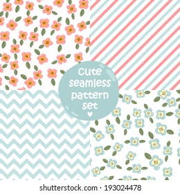 Set of cute seamless patterns Floral, chevron (zig-zag), stripes. 