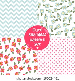 Set of cute seamless patterns Floral, chevron (zig-zag), dots hearts. 