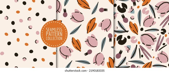 Mit süßen nahtlosen Mustern mit Blumen und Blättern. Vektorhintergründe; Drucke; Designs.