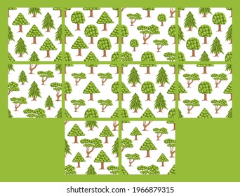 Set of cute seamless patterns with green trees and spruces. White background. Flat style illustration.