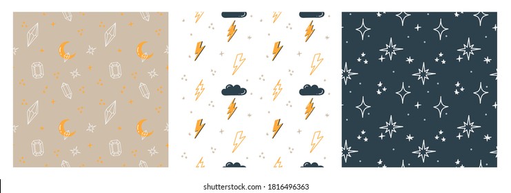 Set of cute seamless patterns for Halloween. Happy Halloween posters. Design of wrapping paper, textiles for Halloween. Starry sky, lightning, boho, moon