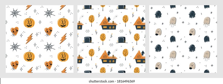 Set of cute seamless patterns for Halloween. Happy Halloween posters. Design of wrapping paper, textiles for Halloween. Autumn, pumpkin, trick or treat.