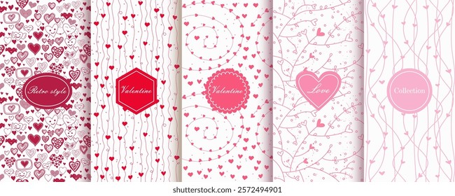 Set of Cute seamless patterns with hearts. Ready template for design cards, print, poster, Valentine's day, romantic wedding design. Vector