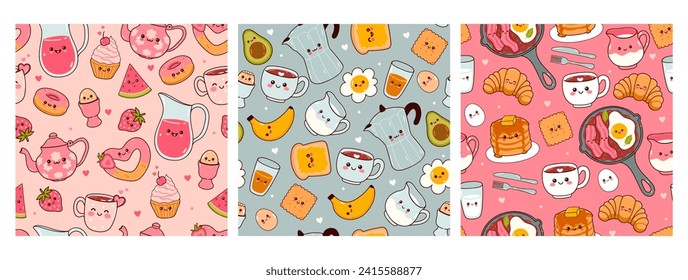 Set of cute seamless patterns with kawaii food for breakfast. Vector graphics.