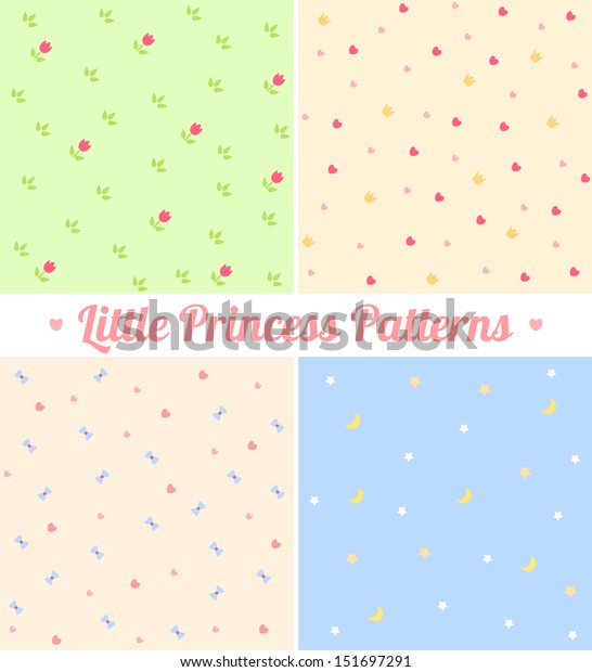 Set of\
cute seamless patterns for little princess. Good for baby,\
birthday, scrapbook, surface textures, greeting cards, gift wrap. \
Layered for easy manipulation and custom\
coloring.