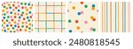 Set of cute seamless patterns of multicolored curved checkered lines and confetti, polka dots, striped pattern on a light background, hand drawn illustration