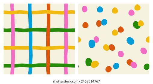 Set of  cute seamless patterns of multi-colored curved checkered lines and confetti, polka dots on a light background, hand drawn 