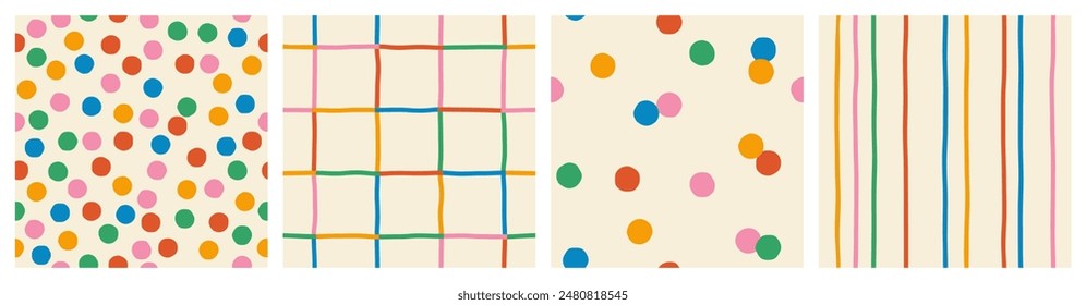 Set of cute seamless patterns of multicolored curved checkered lines and confetti, polka dots, striped pattern on a light background, hand drawn illustration