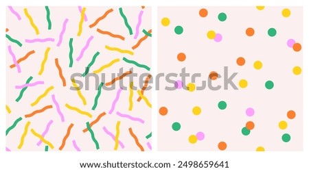 Set of cute seamless patterns of multicolored long chaotic wavy stripes and confetti, polka dots on a light background, flat style