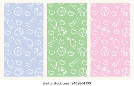 Set of cute seamless patterns of pets. Simple outline drawing. Images of a bone, ball, mouse, paw, heart. For textiles, prints, promotional materials. For veterinary clinics, shelters, pet stores.