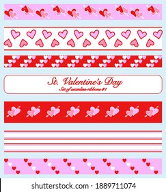A set of cute seamless patterns in red, white and pink with Cupid's arrows and hearts for St. Valentine or wedding day. For decorative, adhesive, packaging tapes, etc.