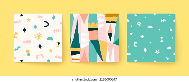 Conjunto de lindos patrones impecables al estilo escandinavo. Collajes de arte contemporáneo dibujados a mano con formas abstractas. Ilustración vectorial.