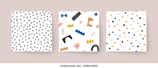 Set of cute seamless patterns in scandinavian style. Hand drawn contemporary art collages with abstract shapes. Vector illustration.