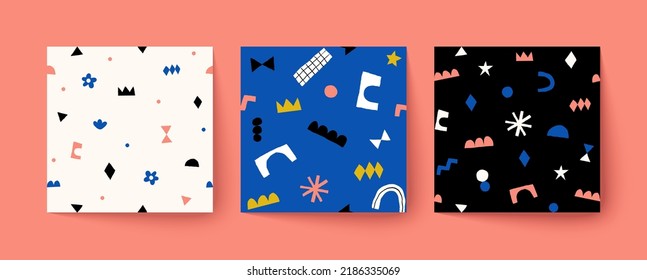 Conjunto de lindos patrones impecables al estilo escandinavo. Collajes de arte contemporáneo dibujados a mano con formas abstractas. Ilustración vectorial.
