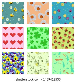 Set of cute seamless patterns. For scrabbooking, fabric, wrapping paper. Vector graphics.