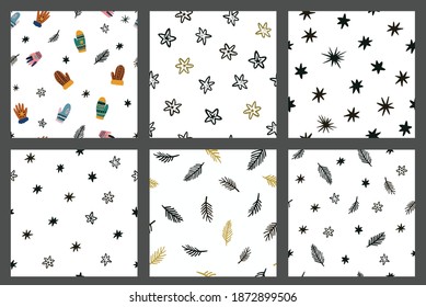 Set of cute seamless patterns with stars, pine branches and mittens in doodle scandi style. Vector illustration