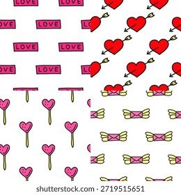 Set of cute seamless patterns for Valentines day with doodle pink heart shaped lollipops, cupid hearts, flying letters and text love.