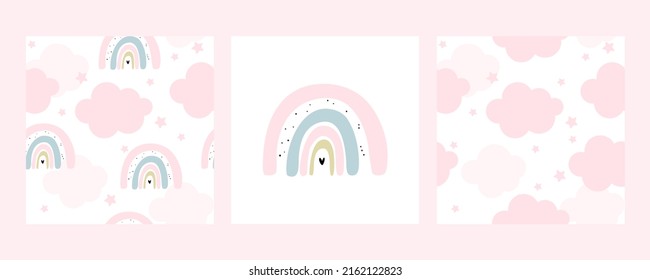 Set of cute seamless posters with rainbow, clouds and stars. Vector hand drawn in doodle style. For wall decor, baby wallpaper, baby clothes print, textile.