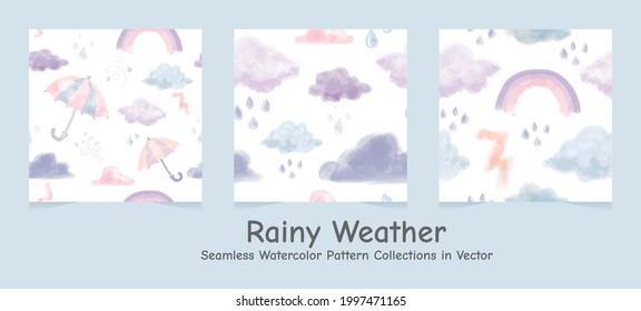Set of Cute Seamless Rainy Weather Pattern in Watercolour - Vector 