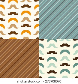 Set of cute seamless retro Father's day patterns with mustaches and stripes