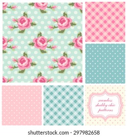 Set of cute seamless Shabby Chic patterns with roses, polka dot and plaid, ideal for kitchen textile or bed linen fabric or interior wallpaper design, can be used for scrap booking paper etc