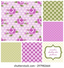 Set of cute seamless Shabby Chic patterns with roses, polka dot and plaid, ideal for kitchen textile or bed linen fabric or interior wallpaper design, can be used for scrap booking paper etc