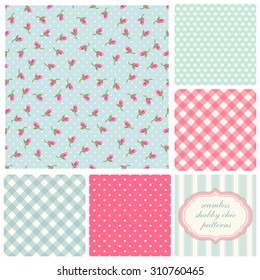 Set of cute seamless Shabby Chic patterns with roses, polka dot and plaid, ideal for kitchen textile or bed linen fabric or interior wallpaper design, can be used for scrap booking paper etc