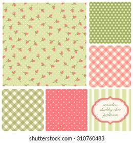 Set of cute seamless Shabby Chic patterns with roses, polka dot and plaid, ideal for kitchen textile or bed linen fabric or interior wallpaper design, can be used for scrap booking paper etc