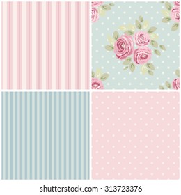 Set of cute seamless Shabby Chic patterns with roses, polka dot and striped, ideal for kitchen textile or bed linen fabric or interior wallpaper design, can be used for scrap booking paper etc