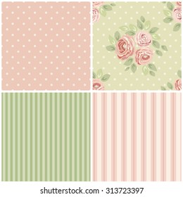 Set of cute seamless Shabby Chic patterns with roses, polka dot and striped, ideal for kitchen textile or bed linen fabric or interior wallpaper design, can be used for scrap booking paper etc