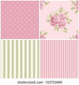 Set of cute seamless Shabby Chic patterns with roses, polka dot and striped, ideal for kitchen textile or bed linen fabric or interior wallpaper design, can be used for scrap booking paper etc