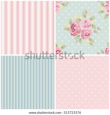 Set of cute seamless Shabby Chic patterns with roses, polka dot and striped, ideal for kitchen textile or bed linen fabric or interior wallpaper design, can be used for scrap booking paper etc