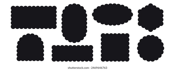 A set of cute seamless tag forms. Starburst, zigzag, circle, rectangle.Curved box element with teeth. Scallop frames. Border wavy. Vector illustration isolated on white background.