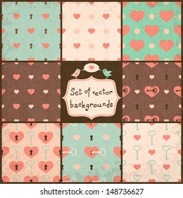 set of cute seamless vector backgrounds with hearts.