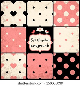 set of cute seamless vector backgrounds with polka dots, hearts and birds, eps10