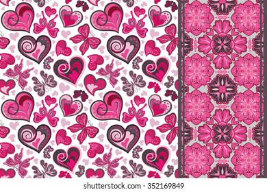 set of cute seamless vector backgrounds with hearts and butterfly and decorative border (tape ribbon lane band). 