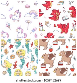 Set of cute seamless vector patterns with mythical creatures - unicorn, dragon, mermaid and griffin.