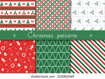 Conjunto de adorables patrones de invierno sin fisuras con adornos tradicionales