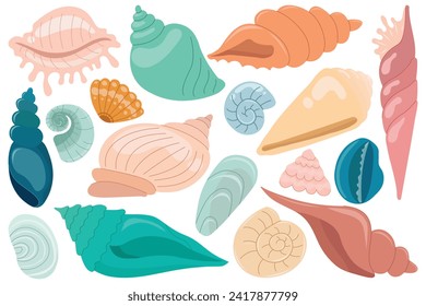 Set of cute seashells in cartoon style. Vector flat illustration.